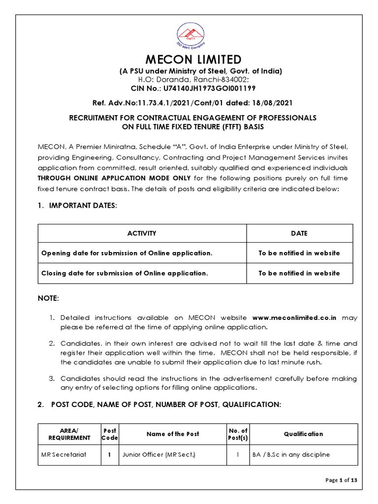 Mecon Limited: H.O: Doranda, Ranchi-834002 | PDF