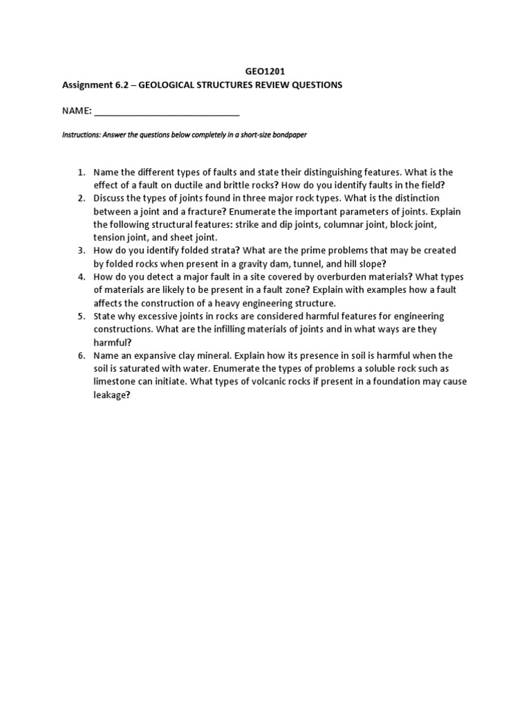 GEO1201 Assignment 6.2 - Geological Structures Review Questions | PDF