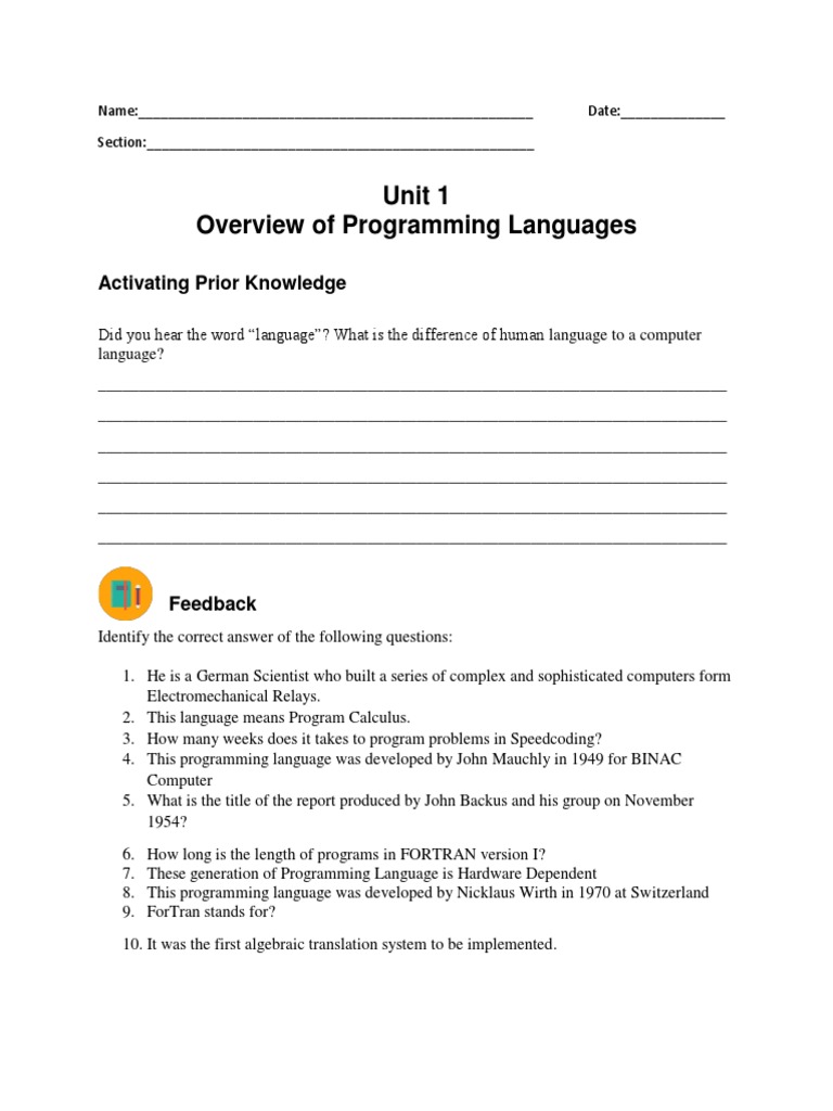 Unit 1 Overview of Programming Languages: Activating Prior Knowledge | PDF