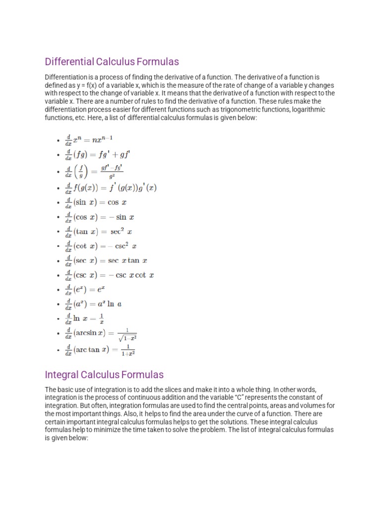 Differential Calculus Formulas PDF