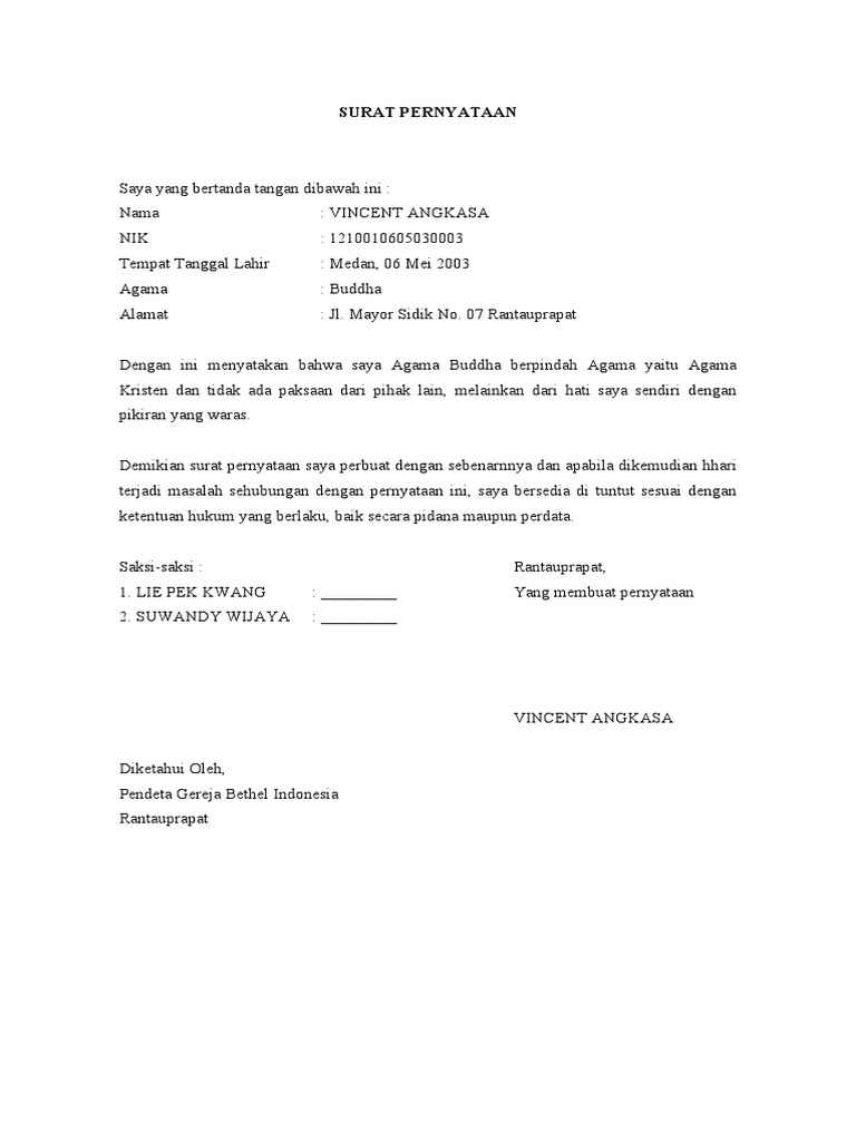 Surat Pernyataan Pindah Agama Pdf