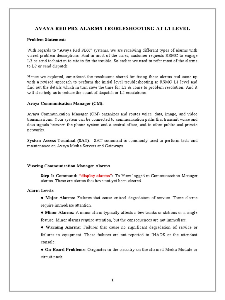 User GuideAvaya Red PBX AlarmsTroubleshooting at L1 Level Descargar