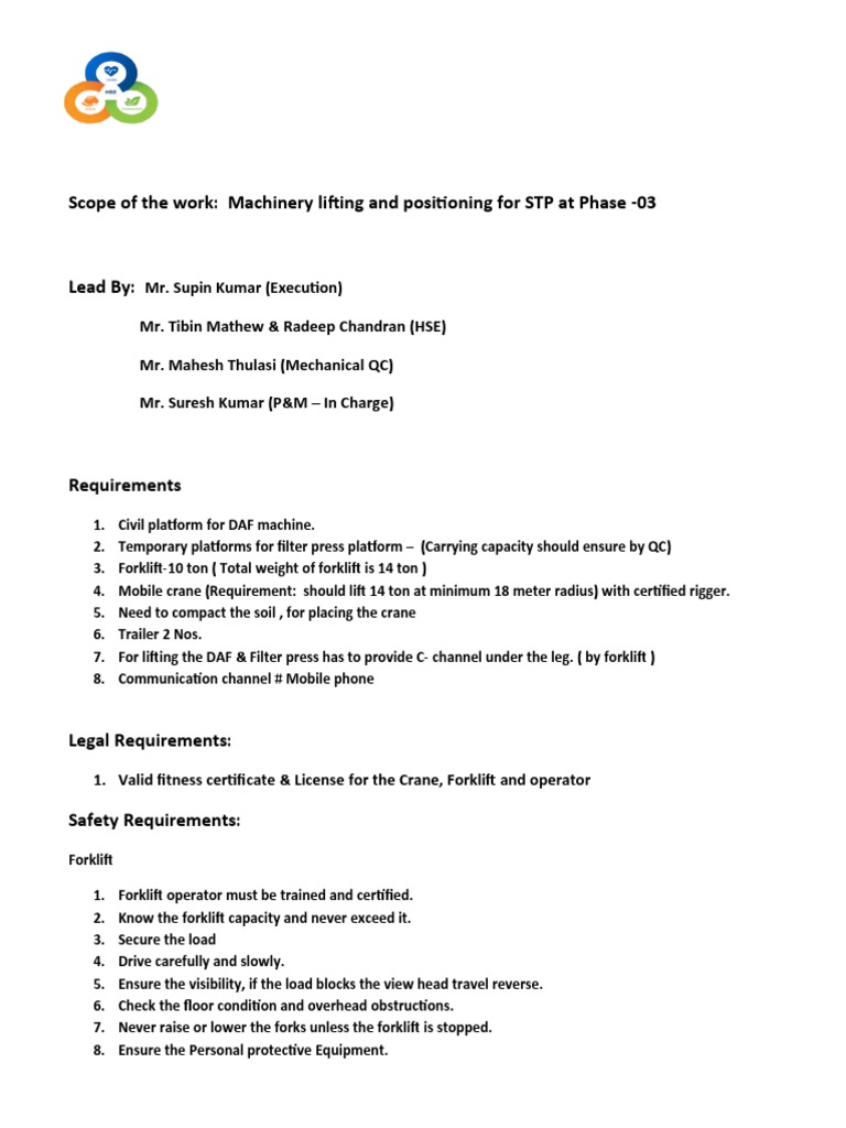 Machinery Lifting Plan for STP Phase-03 | PDF | Forklift | Crane (Machine)