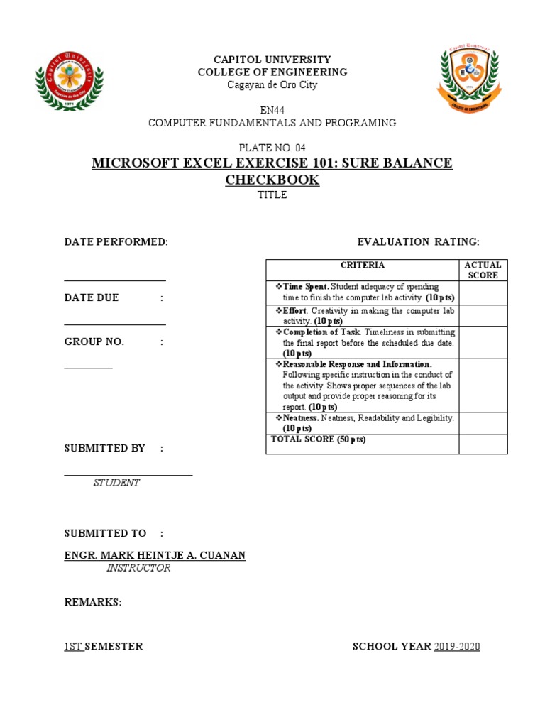 Microsoft Excel Exercise 101 Sure Balance Checkbook PDF Computing