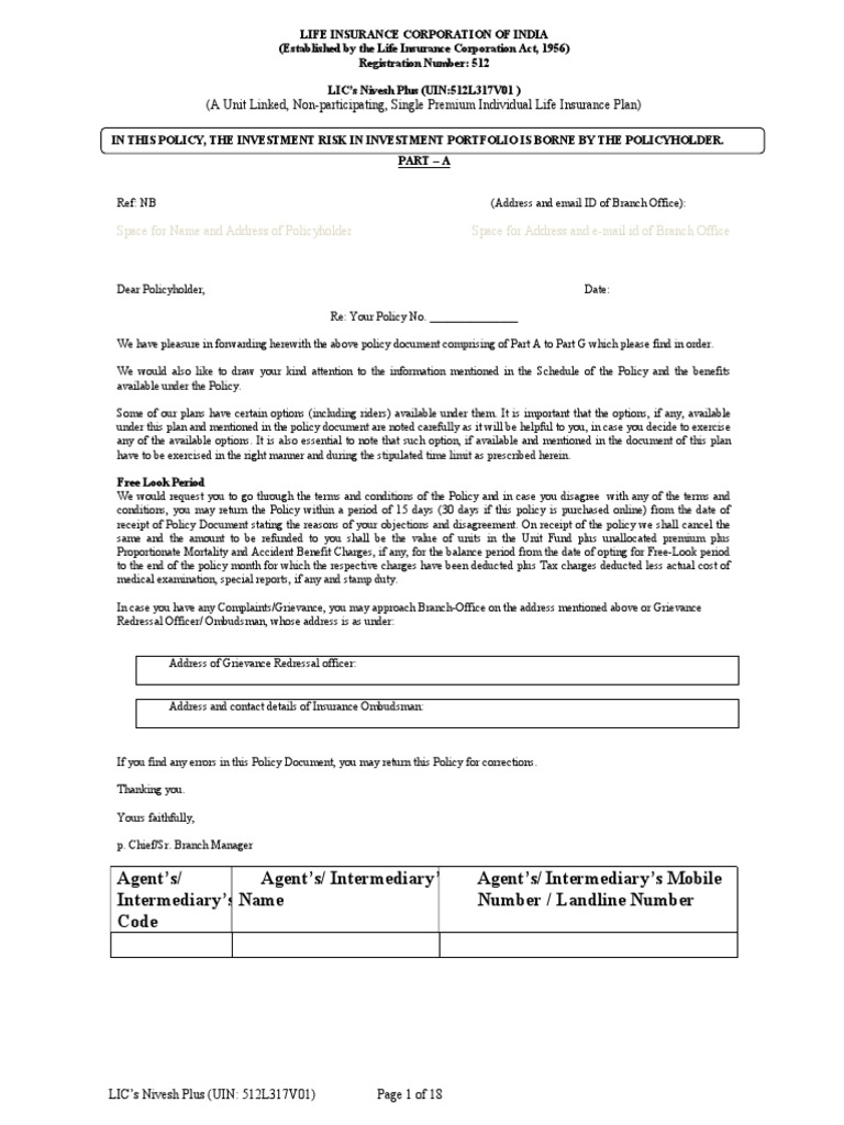 Space For Name and Address of Policyholder Space For Address and EMail