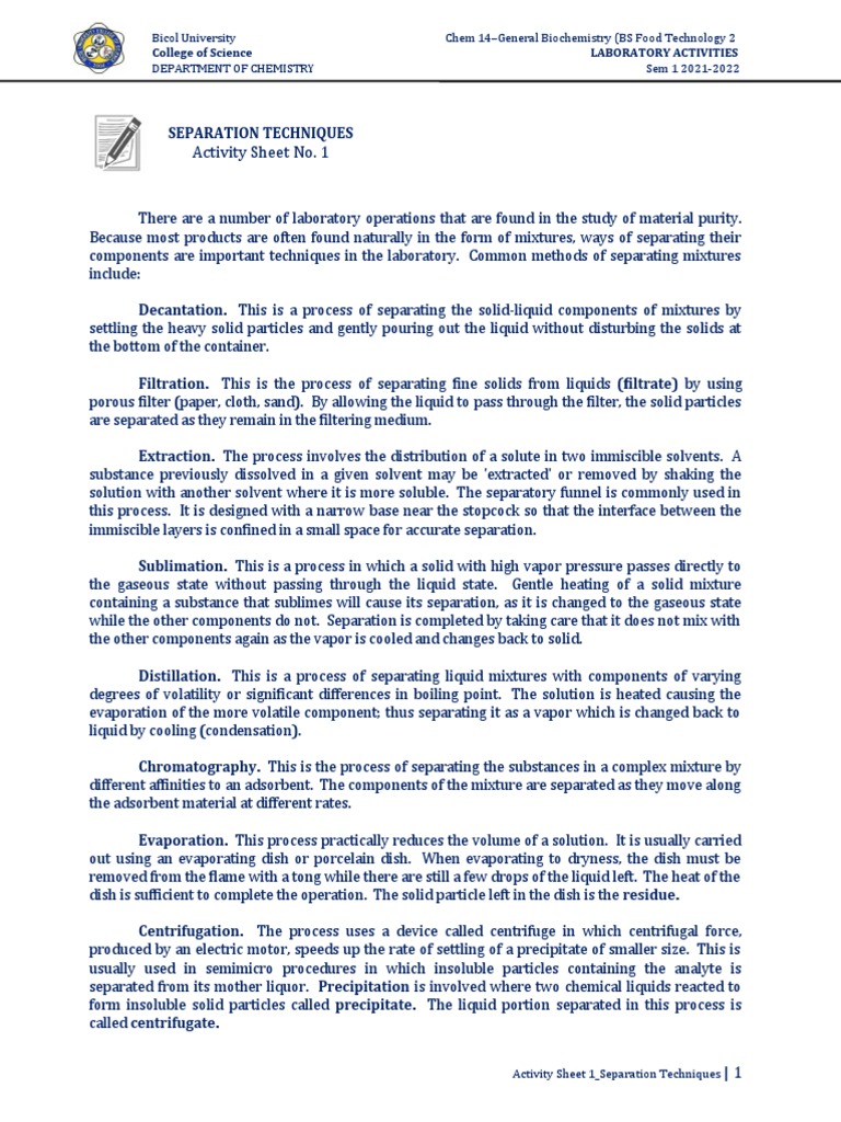 Activity Sheet 1 - SEPARATION TECHNIQUES | PDF | Filtration | Solution