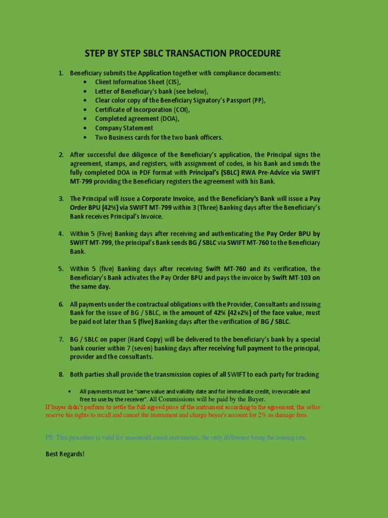 Step-By-Step SBLC Transaction Procedure | PDF | Letter Of Credit ...