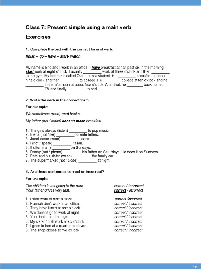 Class 7: Present Simple Using A Main Verb Exercises: 1. Complete The ...