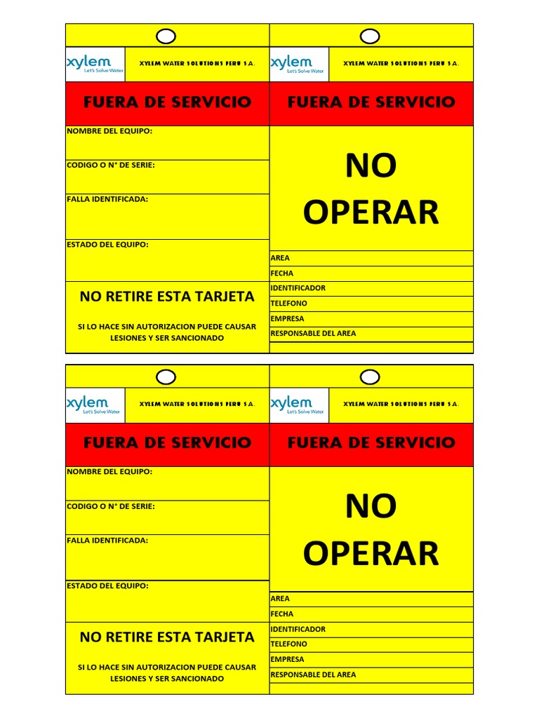 Tarjeta Fuera De Servicio Pdf