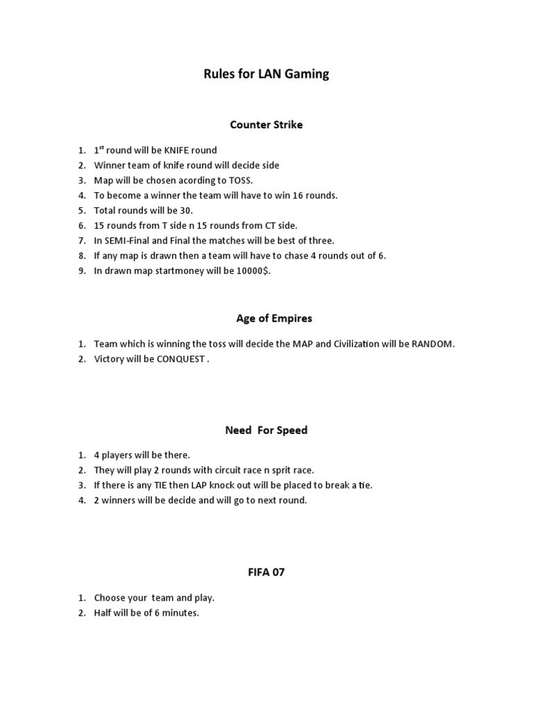 LAN Gaming Rules for Multiple Games | PDF