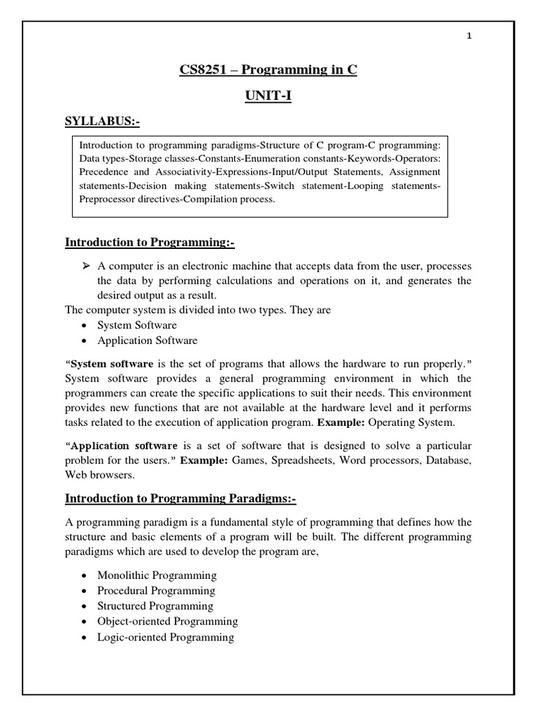 Cs8251 Programming In C Lecture Notes – MDSPE