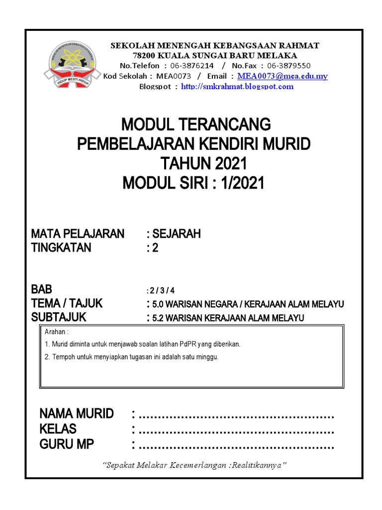 Modul Sejarah Pdpr Ting 2 2021 Pdf