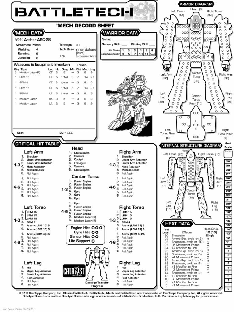 BattleTech Record Sheets ARC-2S | PDF