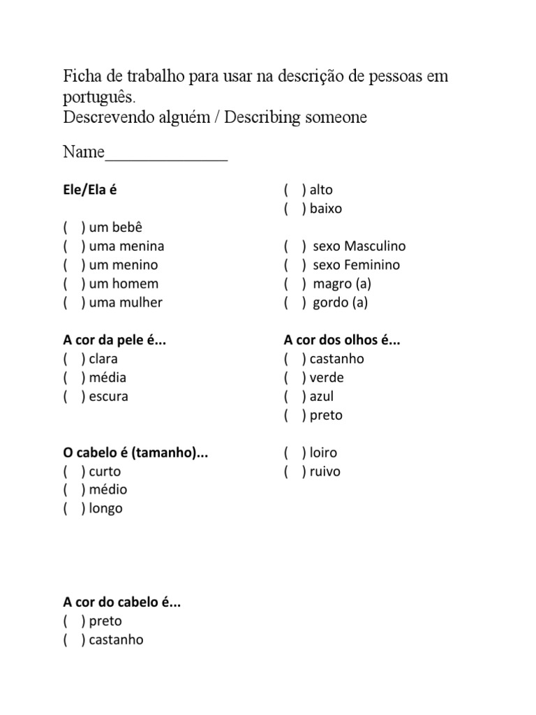 Ficha de trabalho para usar na descrição de pessoas em português. | PDF