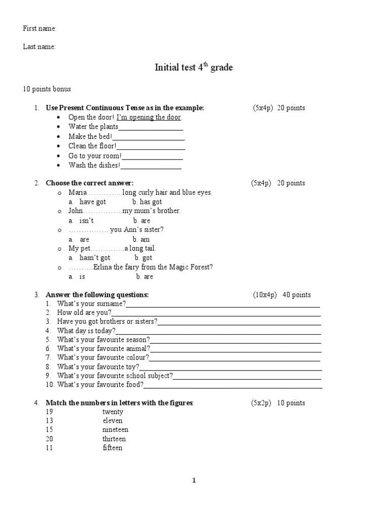 Test Initial Clasa A 4 | PDF