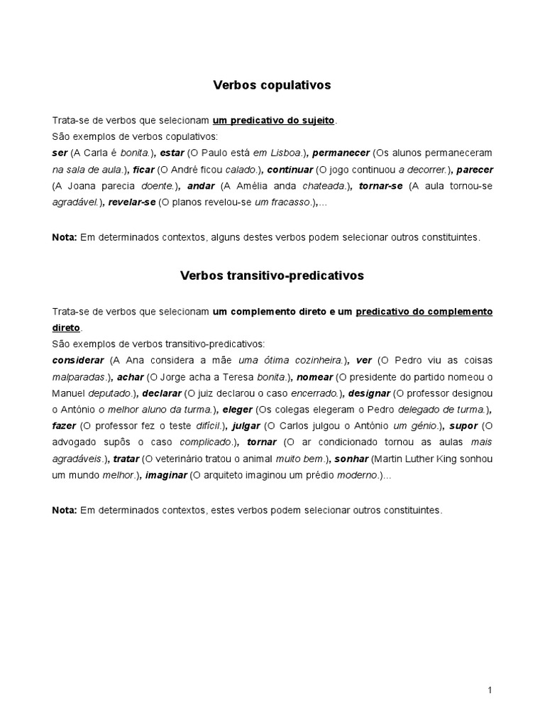 Verbos Copulativos e Transitivos-Predicativos | PDF