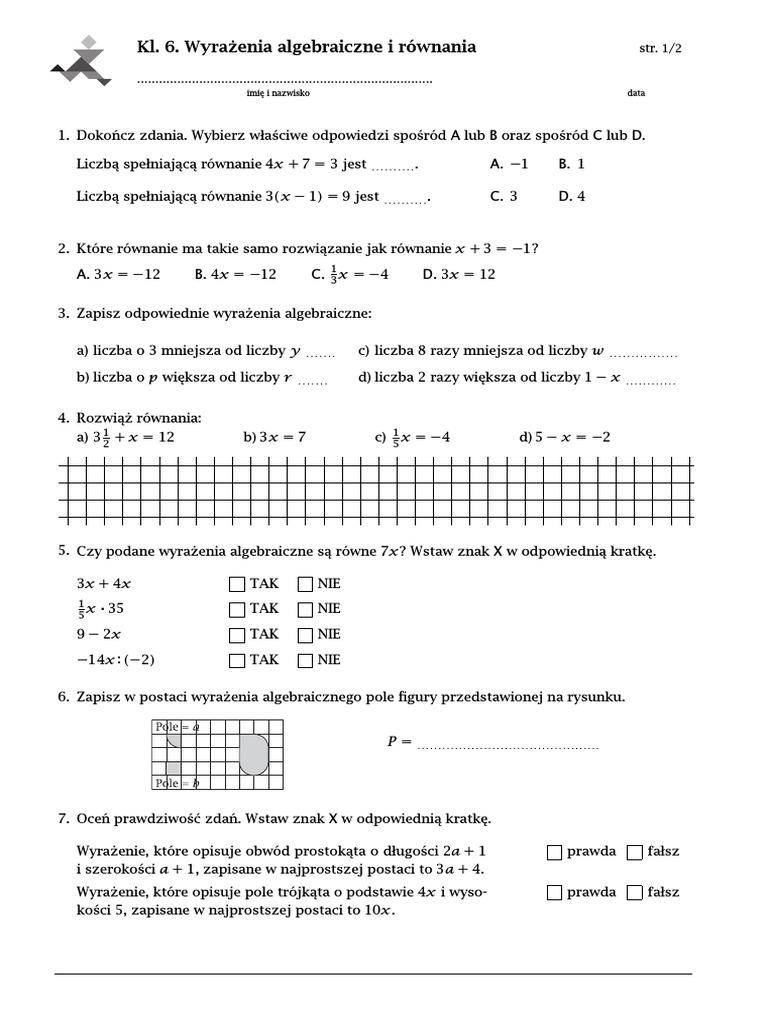 Wyrażenia Algebraiczne Klasa 7 Sprawdzian Pdf