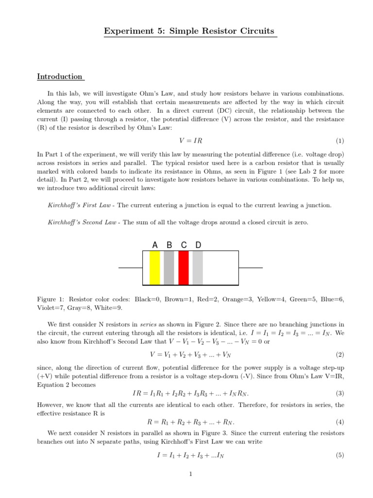 Experiment 5 Simple Resistor Circuits A B C D PDF Electrical Network Resistor