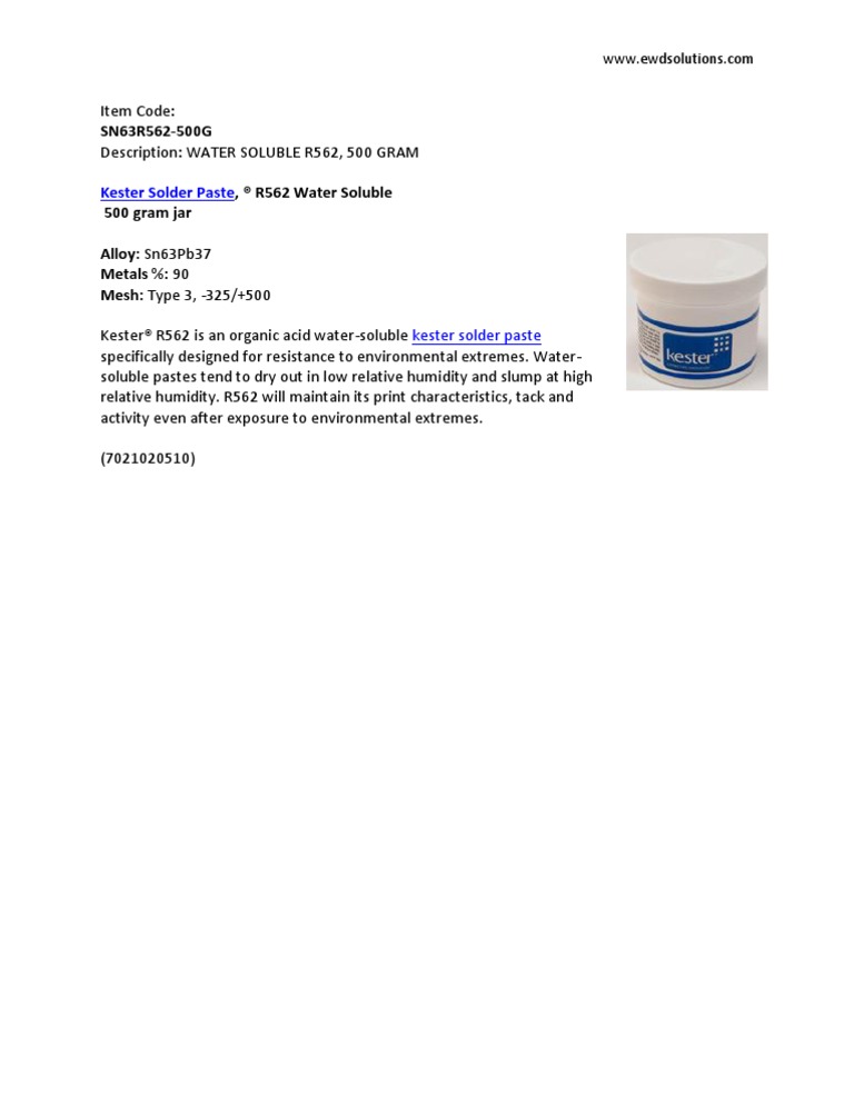 Kester R562 Water Soluble Solder Paste | PDF | Cooking, Food & Wine