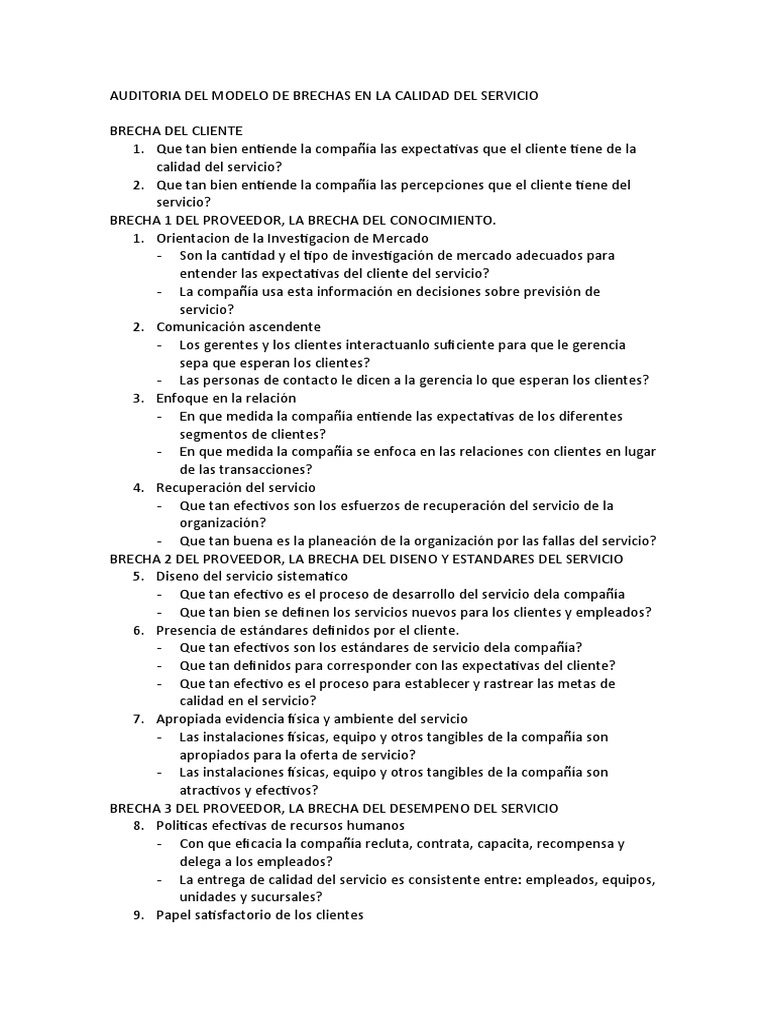 Auditoria Del Modelo de Brechas en La Calidad Del Servicio | PDF | Cliente  | Marketing