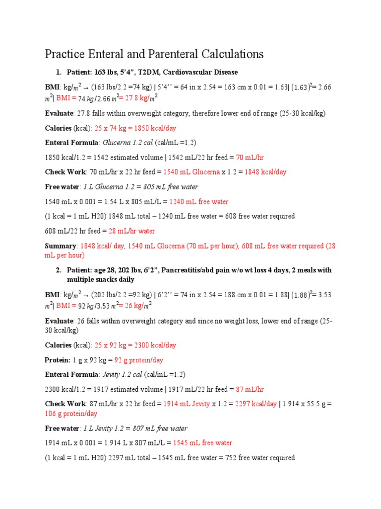 Practice Enteral and Parenteral Calculations PDF Calorie Body