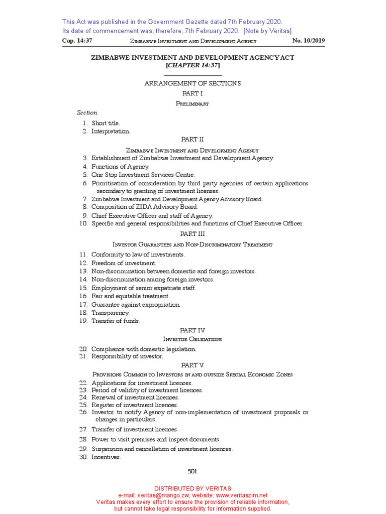 Zimbabwe Investment and Development Agency Act Chapter 14.37 | PDF