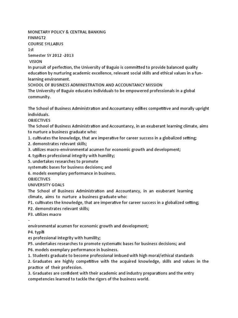 Policy and Central Bank Syllabus PDF Money Central Banks