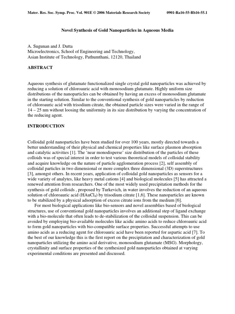 Novel Synthesis of Gold Nanoparticles in Aqueous Media | PDF ...