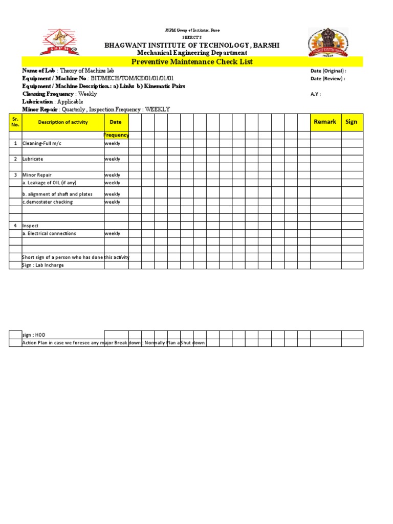 Maintenance Check List Tom Lab | PDF | Machines | Mechanical Engineering