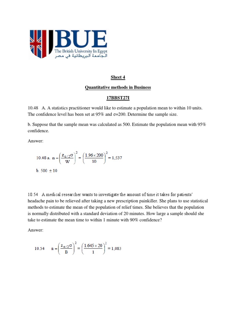 Sheet 4 Quantitative Methods in Business 17BBST27I | PDF