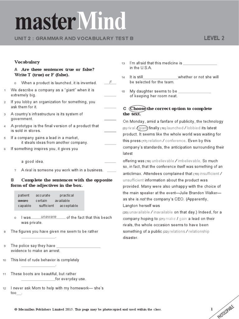 Mastermind 2 Unit 2 Grammar and Vocabulary Test B | PDF | Business