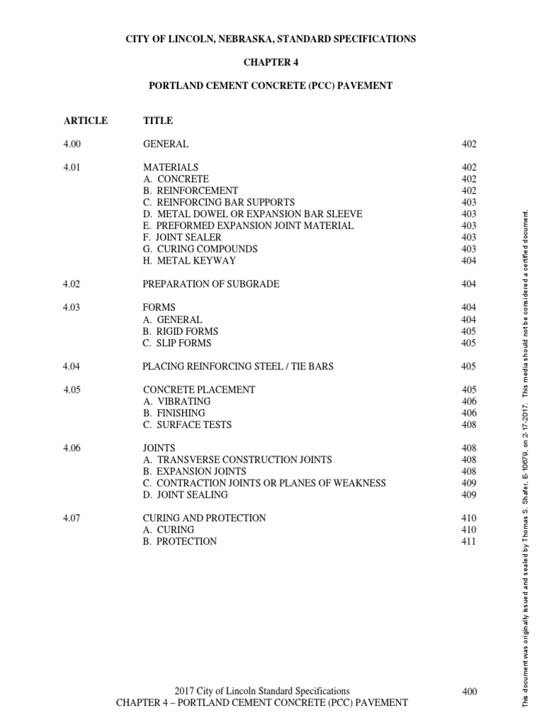 City of Lincoln, Nebraska, Standard Specifications Portland Cement