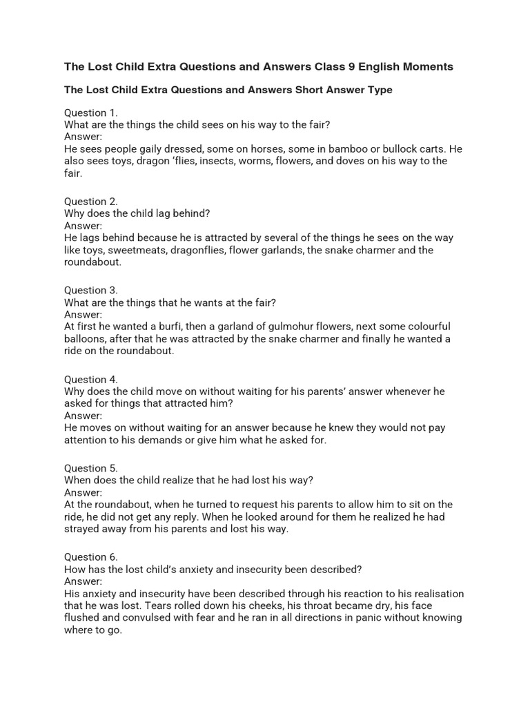 The Lost Child Extra Questions and Answers Class 9 English Moments PDF