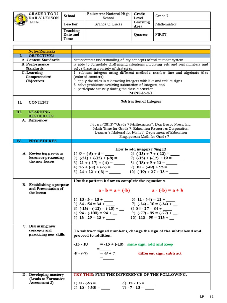 Subtracting Integers Lesson Plan | PDF | Subtraction | Mathematics