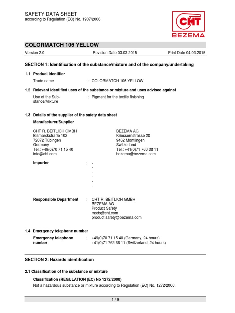 Safety Data Sheet for Colormatch 106 Yellow | PDF | Dangerous Goods ...