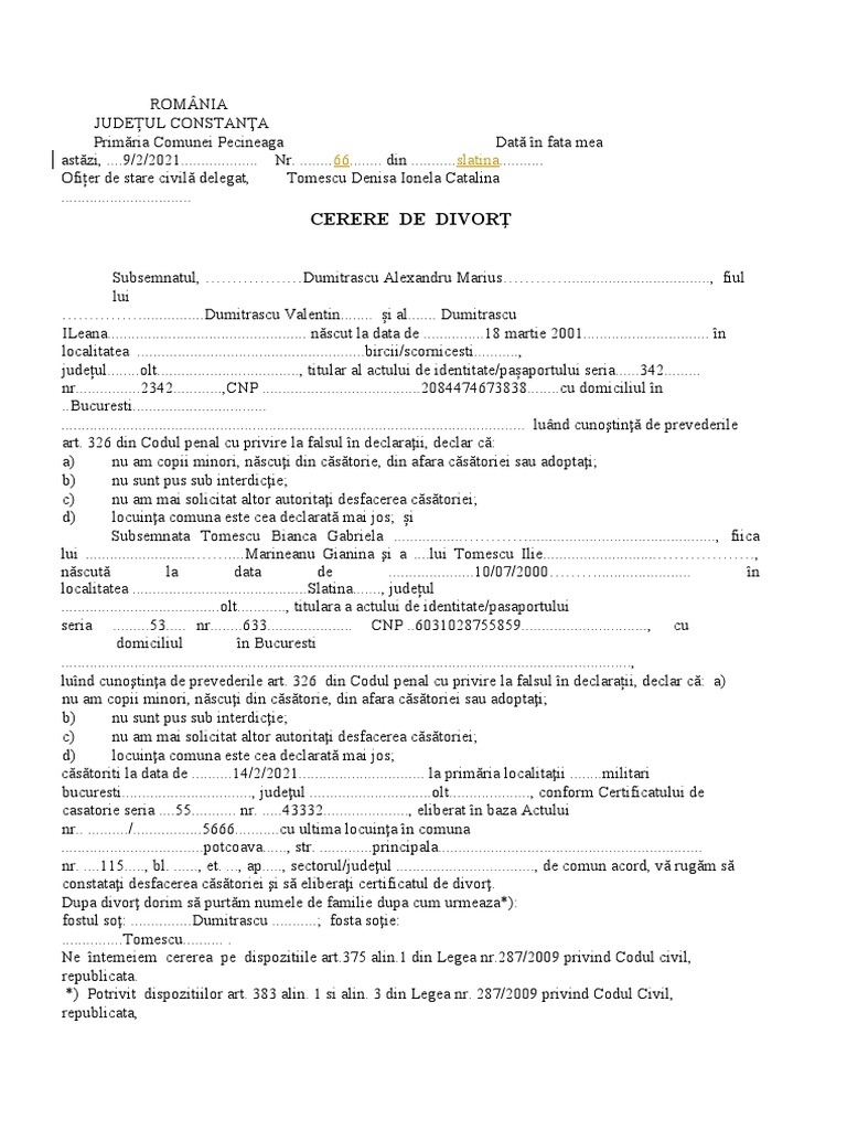 Cerere de Divort | PDF