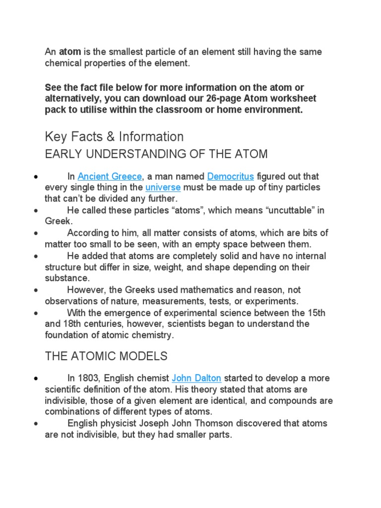 Key Facts & Information: Early Understanding of The Atom | PDF | Atoms ...
