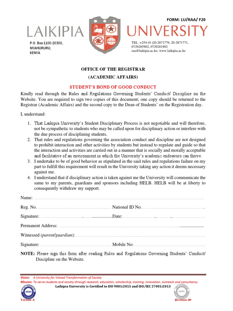 Student Bond of Good Conduct Form F20 PDF