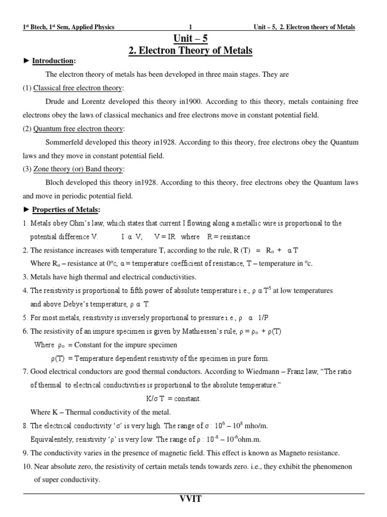 5.2 Electron Theory of Metals | PDF | Electrical Resistivity And ...