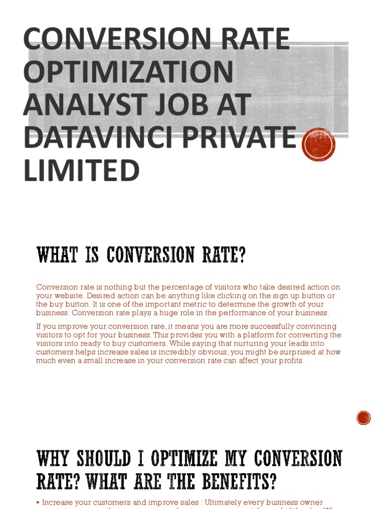 Conversion Rate Optimization Analyst Job at DataVinci Private | PDF ...