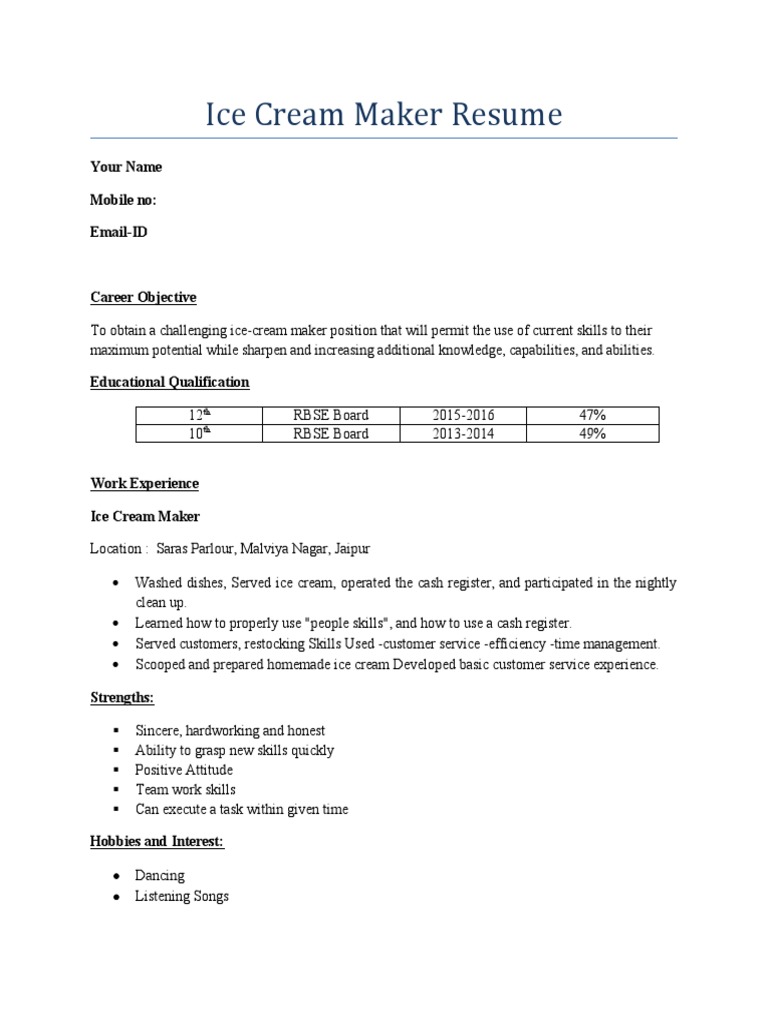 Ice Cream Maker Resume Example | PDF | Self-Improvement
