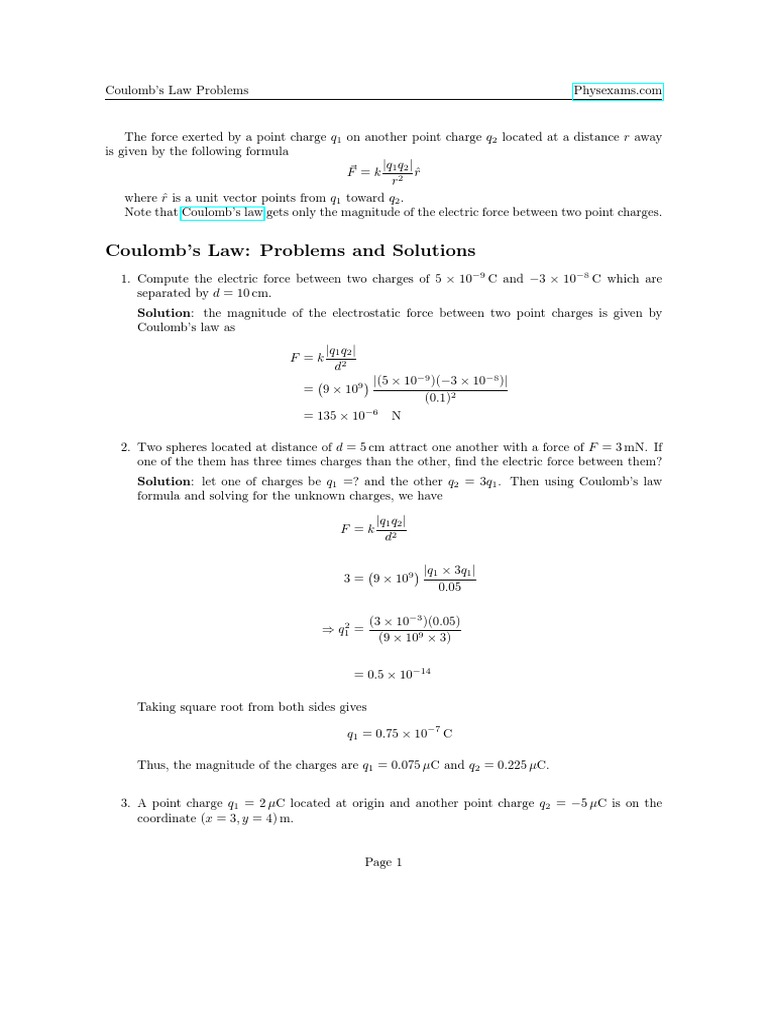 Coulombs Law Problems And Solutions Pdf Force Teaching Mathematics