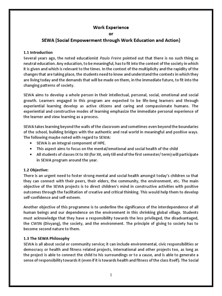 Work Experience or SEWA (Social Empowerment Through Work Education and ...