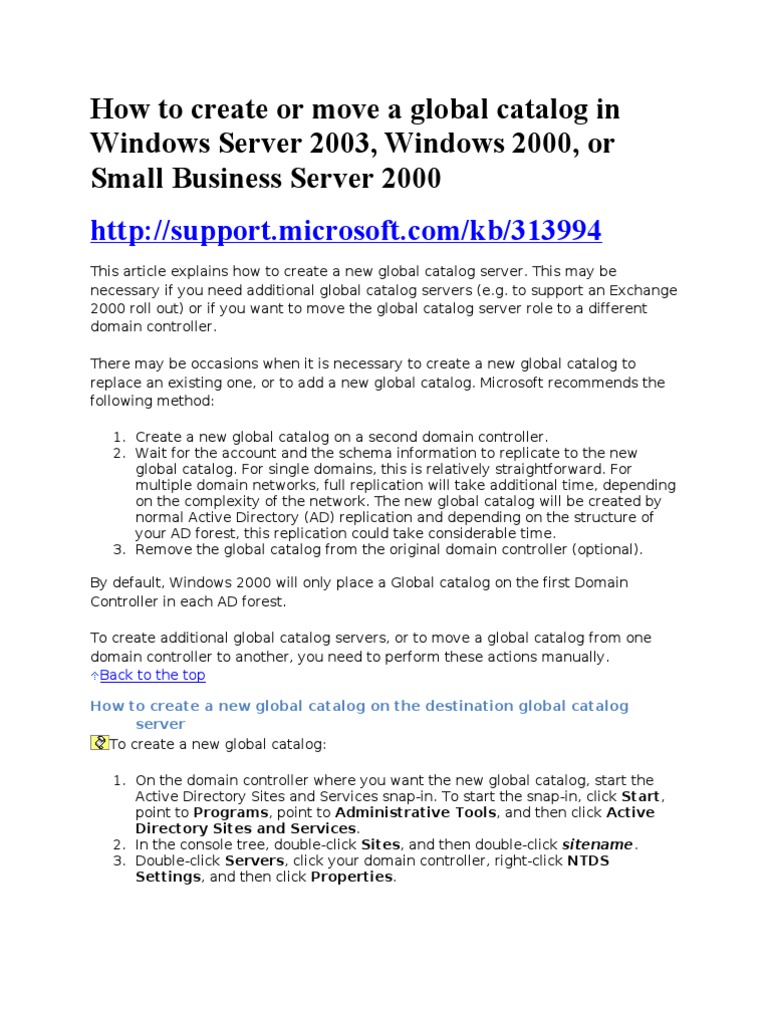 How To Create or Move A Global Catalog in Windows Server 2003 PDF
