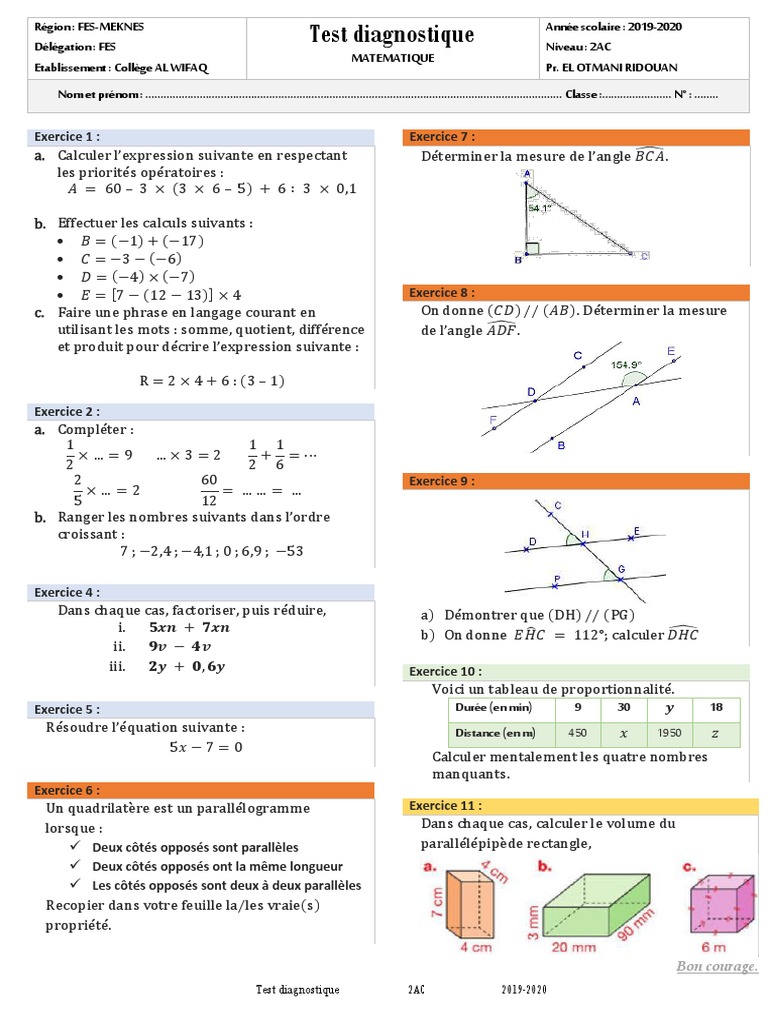 Test Diagnostique Math 2AC 2019-2020 | PDF | Mathématiques élémentaires ...