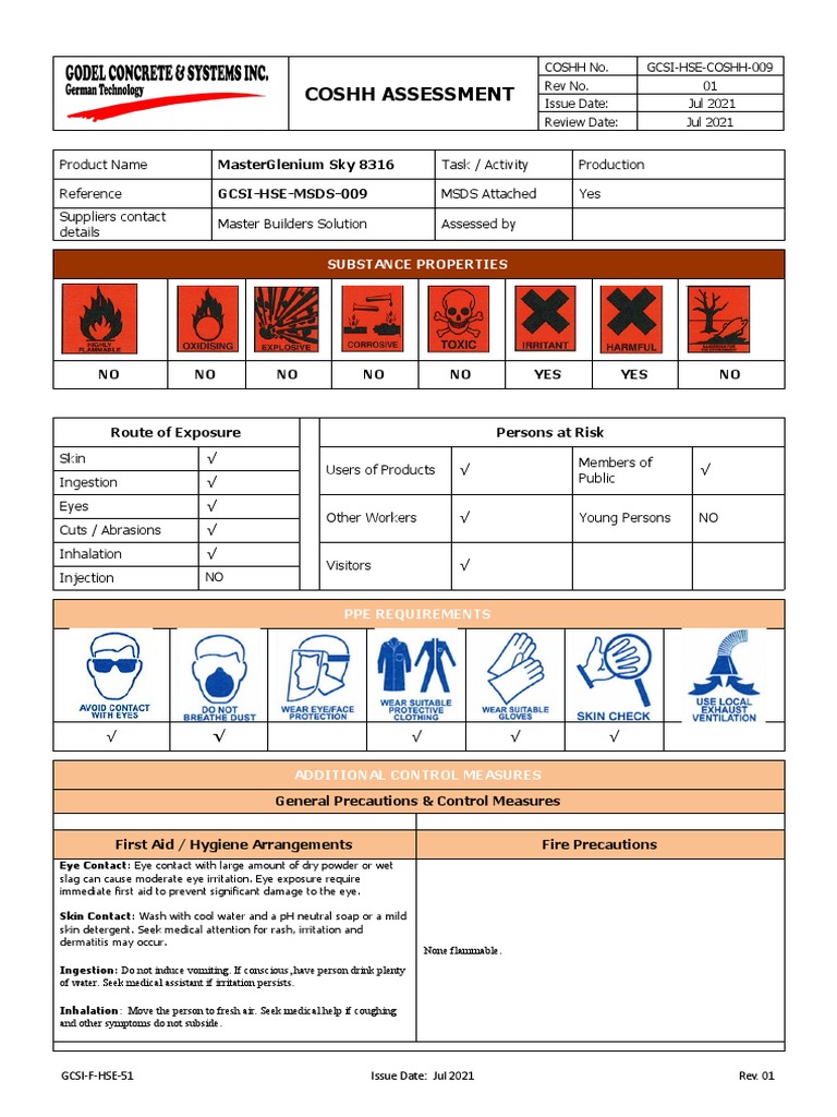 COSHH Assessment for MasterGlenium Sky 8316 Concrete Admixture PDF