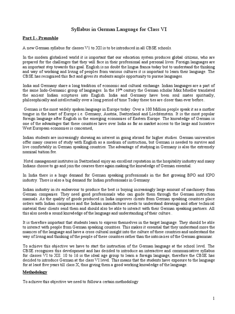 Class VI Syllabus in German Language 2008 | PDF | Question | Curriculum
