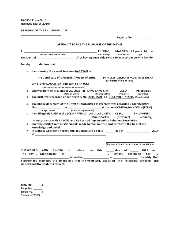 Affidavit for Father's Surname Use | PDF | Affidavit | Civil Law ...