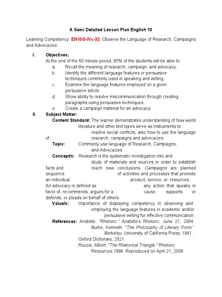 A Semi Detailed Lesson Plan English 10 | PDF | Persuasion | Rhetoric