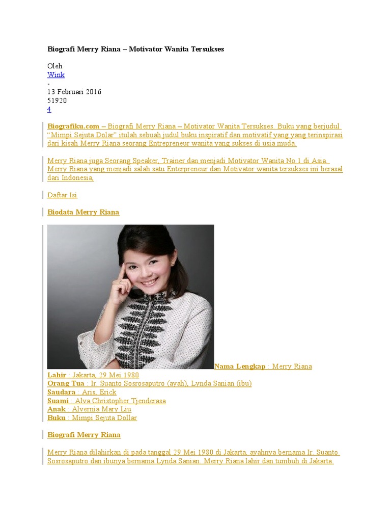 Biografi Merry Riana: Motivator Sukses | PDF | Karier & Perkembangan